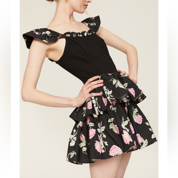 🩷LOVESHACKFANCY DRESS TIERED RUFFLE BLACK PINK ROSE PRINT STRETCH 10🩷 - Picture 4 of 8